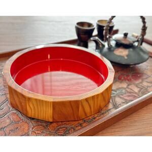 Japanese Lacquer Snack Bowl, Wood Grain & Red Interior, Decorative Organizer